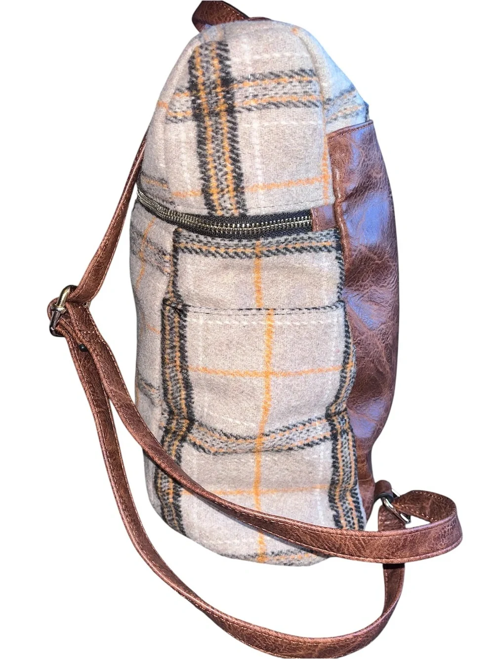 Plaid Wool Backpack with Brown Leather Straps - Beige and Orange